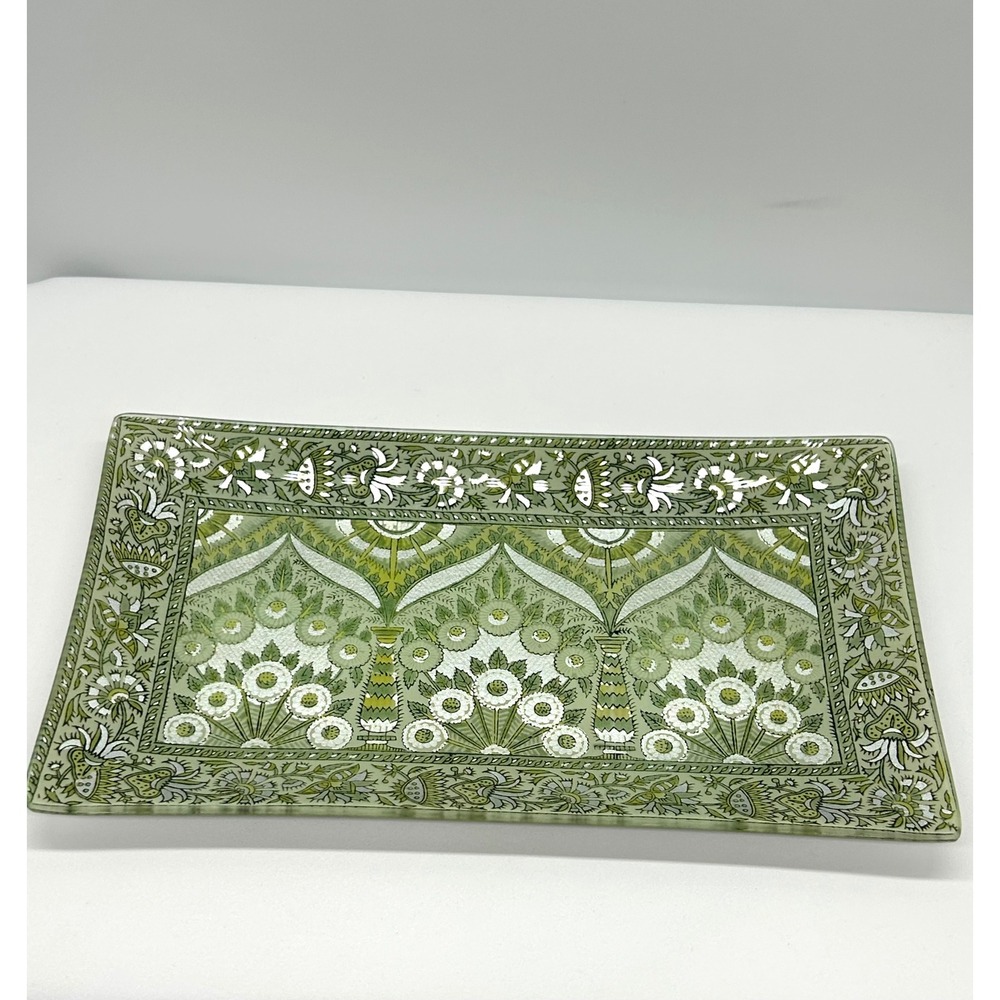 Pottery Barn Green Silver Floral Glass Decorative Tray Rectangular Platter
